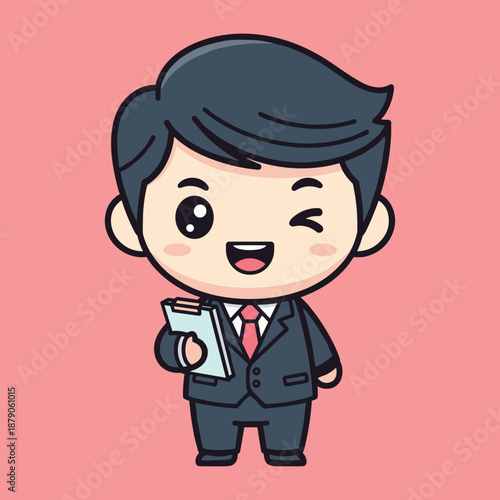 Cartoon man in dark blue suit with red tie winking and holding a clipboard
