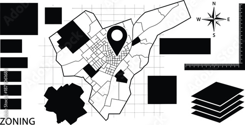 A black and white zoning map with a location pin and various design elements