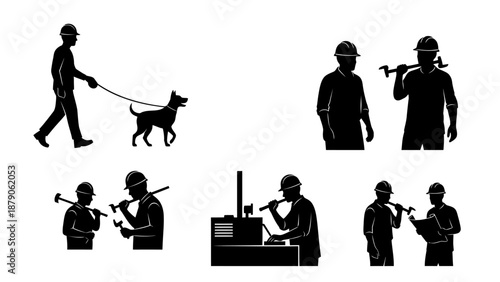 Vector illustration of black silhouettes showing a group of business people standing and working together in a professional setting