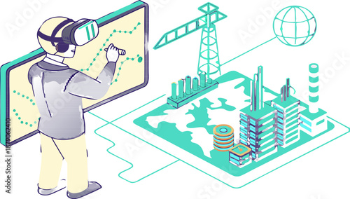 Virtual reality-driven supply chain management by a businessman, using an isometric map to interact with factory and logistics elements for global industrial production.