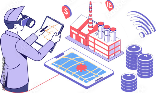 Businessman leveraging virtual reality to manage global production and supply chain, engaging with an interactive digital map showcasing factories and logistics elements.