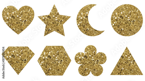 Wallpaper Mural Gold glitter shape set including heart, star, moon, circle, diamond, hexagon, flower, and triangle isolated. Sparkling metallic decorative elements for crafts and design. Torontodigital.ca