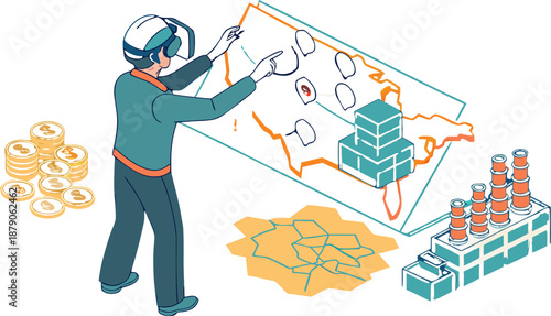 Businessman using virtual reality technology to manage global supply chain and industrial production, interacting with an isometric digital map featuring factory and logistics elements.