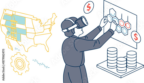 Professional businessman utilizing VR technology to oversee the global supply chain, navigating an interactive isometric map with factory and logistics components.