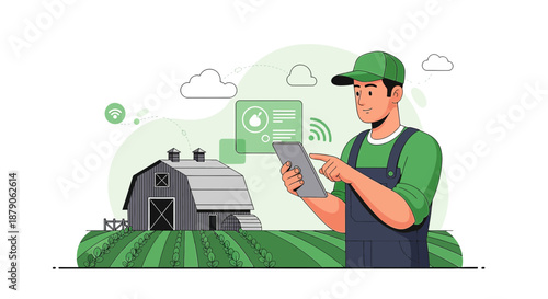 Modern Farming Illustration: Smart Agriculture Technology Integrating with Traditional Farm Life