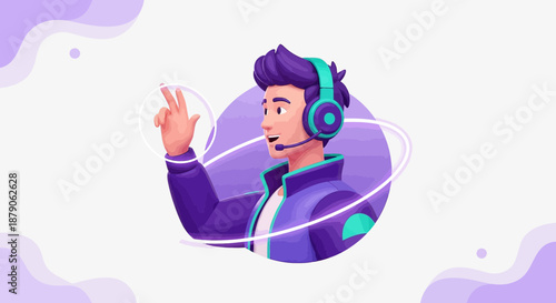 Modern support operator with headset illustration displaying tech user interface  interaction