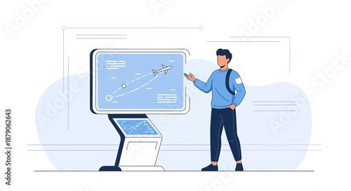 Modern traveler checking flight information on interactive kiosk inside airport terminal with
