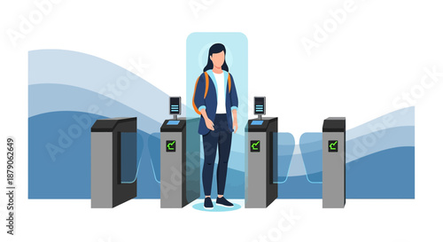 Modern transportation: Young woman passing through electronic gates with backpack in light blue