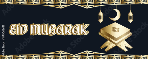Eid Mubarak golden horizontal greeting banner with islamic pattern, holy Quran on wooden rehal, crescent moon and traditional lanterns