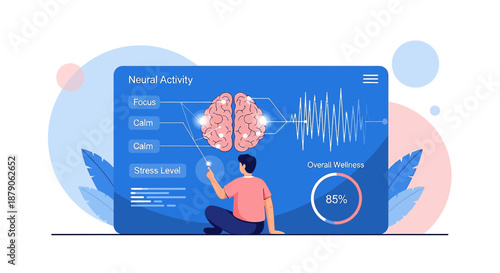 Neural activity interface showing wellness analysis and cognitive function insights displayed on