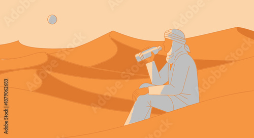 Nomad quenching thirst in vast desert landscape with minimalist aesthetic  drawing