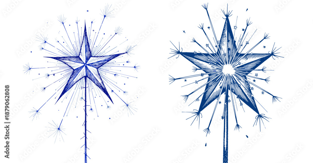 Obraz premium Set of star-shaped sparklers with blue ink sketch for Independence Day 