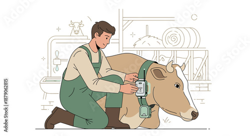 Precision farming tech vector showcases farmer connecting smart collar to cow for tracking health