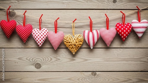 Decorative fabric and wicker hearts hanging on a string against rustic wooden background