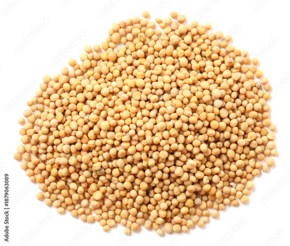 Fototapeta premium Mustard seeds on white background, top view