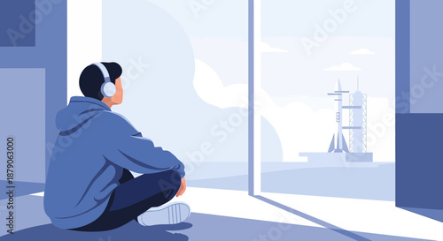 Reflective Moment of a Young Person Gazing at a Rocket Launch Site with Headphones