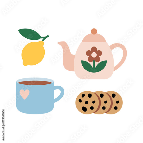 Illustrated Tea Set with Lemon and Cookies Design