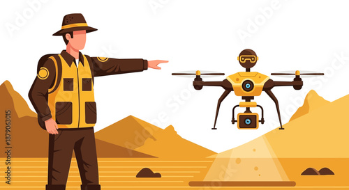 Ranger guiding a drone over the desert landscape for surveillance or environmental monitoring