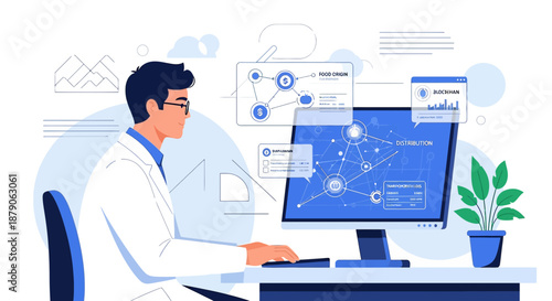 Scientist analyzes food distribution blockchain network on his computer screen in his office
