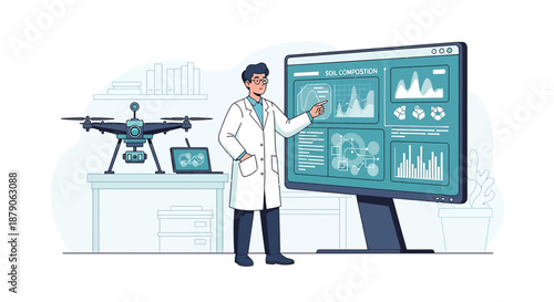Scientist analyzes soil composition data using drone technology for agricultural research