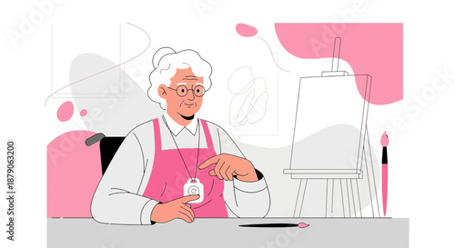 Senior artist in wheelchair enjoys painting hobby, expressing creativity and finding joy through