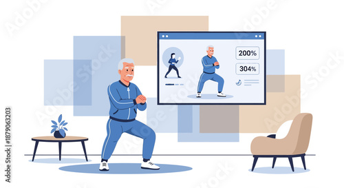 Senior man follows online exercise class to maintain his fitness and vitality at home