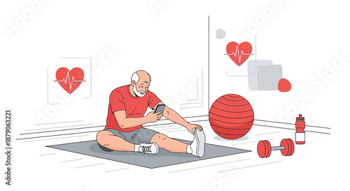 Senior man using smartphone during stretching exercise for healthy lifestyle at home gym