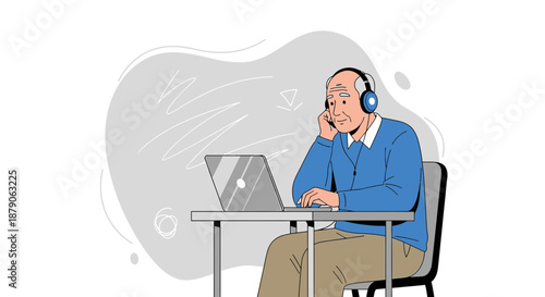 Senior man working on a laptop wearing headphones enjoying modern technology comfortably at home