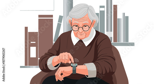 Senior woman interacting with a smart watch surrounded by books in her residence