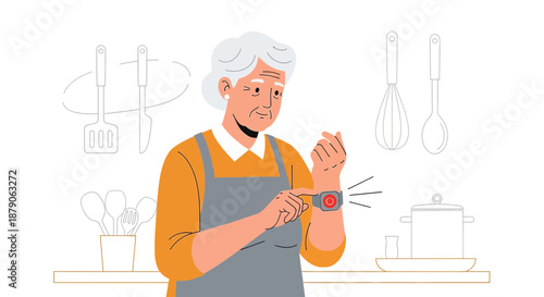 Senior woman using a smart watch in the kitchen displaying health and safety monitoring and