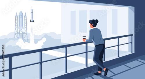 Serene observation of a majestic rocket launch from a modern architectural space