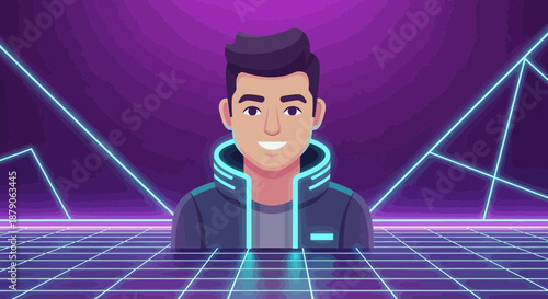 Stylized character avatar in a neon retro environment with geometric shapes and grid landscape