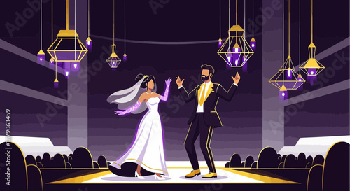 Stylized wedding celebration with bride and groom dancing under geometric chandeliers on stage