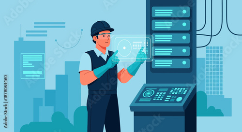Technician using a futuristic interface to manage servers in a data center network environment