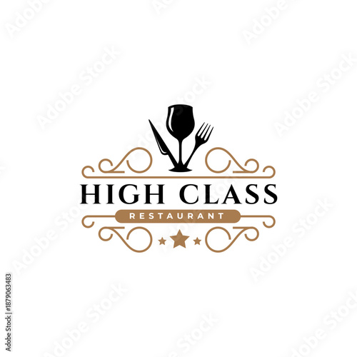 Vintage Retro Badge for Luxury Wine Glass with Spoon Fork Knife for Restaurant Bar Bistro Logo Design Template Element