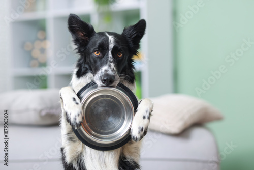 Cute Border Collie dog with feeding bowl indoors, closeup © New Africa