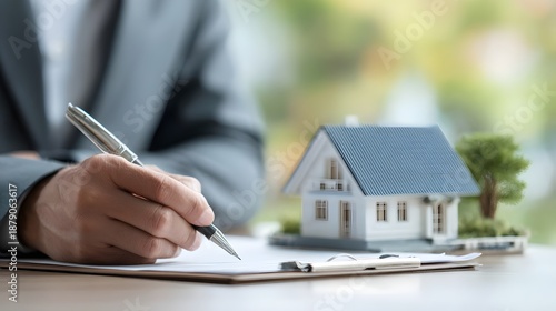Real estate agent presenting sample home and mortgage contract to customer. Concept: Real estate transactions, home purchase and sales agreements, mortgage loans, home insurance, customer–agent intera