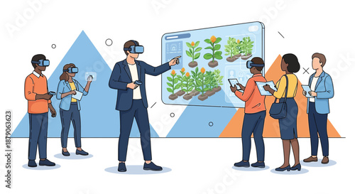 Virtual reality farming solutions: diverse team explores innovative agricultural techniques in