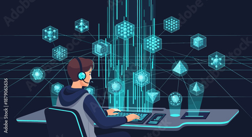 Virtual reality developer engrossed in immersive interface creation for data analysis and