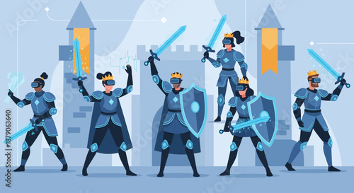 Virtual reality gaming knights guarding a digital kingdom through a tech-driven experience