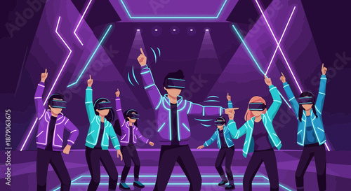 Virtual reality party with vibrant neon lights and energetic avatars dancing together