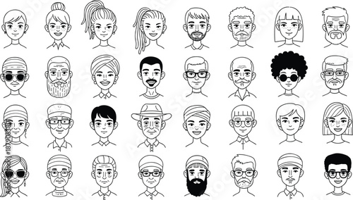 Large collection of thirty-two diverse human face avatar icons in hand drawn black and white line art style for designs.