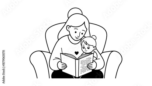 Mother Reading Story Book to Her Child on Armchair Line Art.