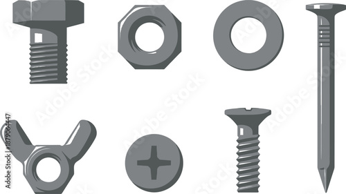 Flat design set of 6 hardware nuts and bolts hex bolt washer wing nut screw and nail