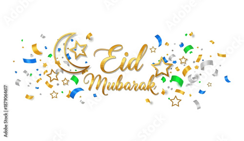 Golden Eid Mubarak Typography with Crescent Moon and Colorful Confetti.