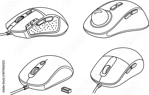 Line art vector set of 4 computer mouse types gaming mouse trackball wireless mouse and standard mouse