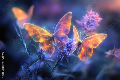 Butterflies fluttering around vibrant flowers in a mystical garden at dusk