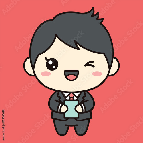 Cartoon character with black hair and a winking expression holding a smartphone smiling