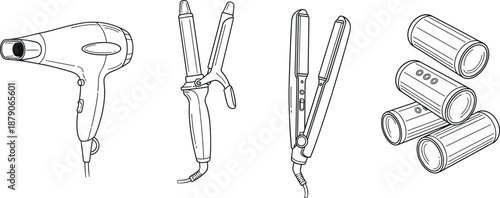 Outline illustration set of 4 hair styling electronics hair dryer curling iron hair straightener and hot rollers