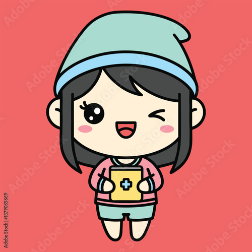 Cartoon nurse with a stethoscope and a blue and green hat smiling and winking blue hat